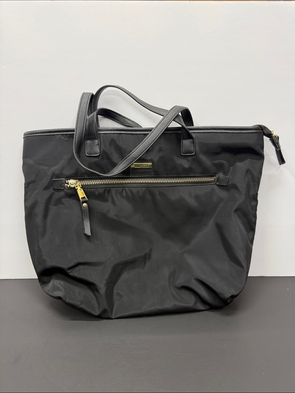 Roots Black Tote with Front Zip and Gold Accents